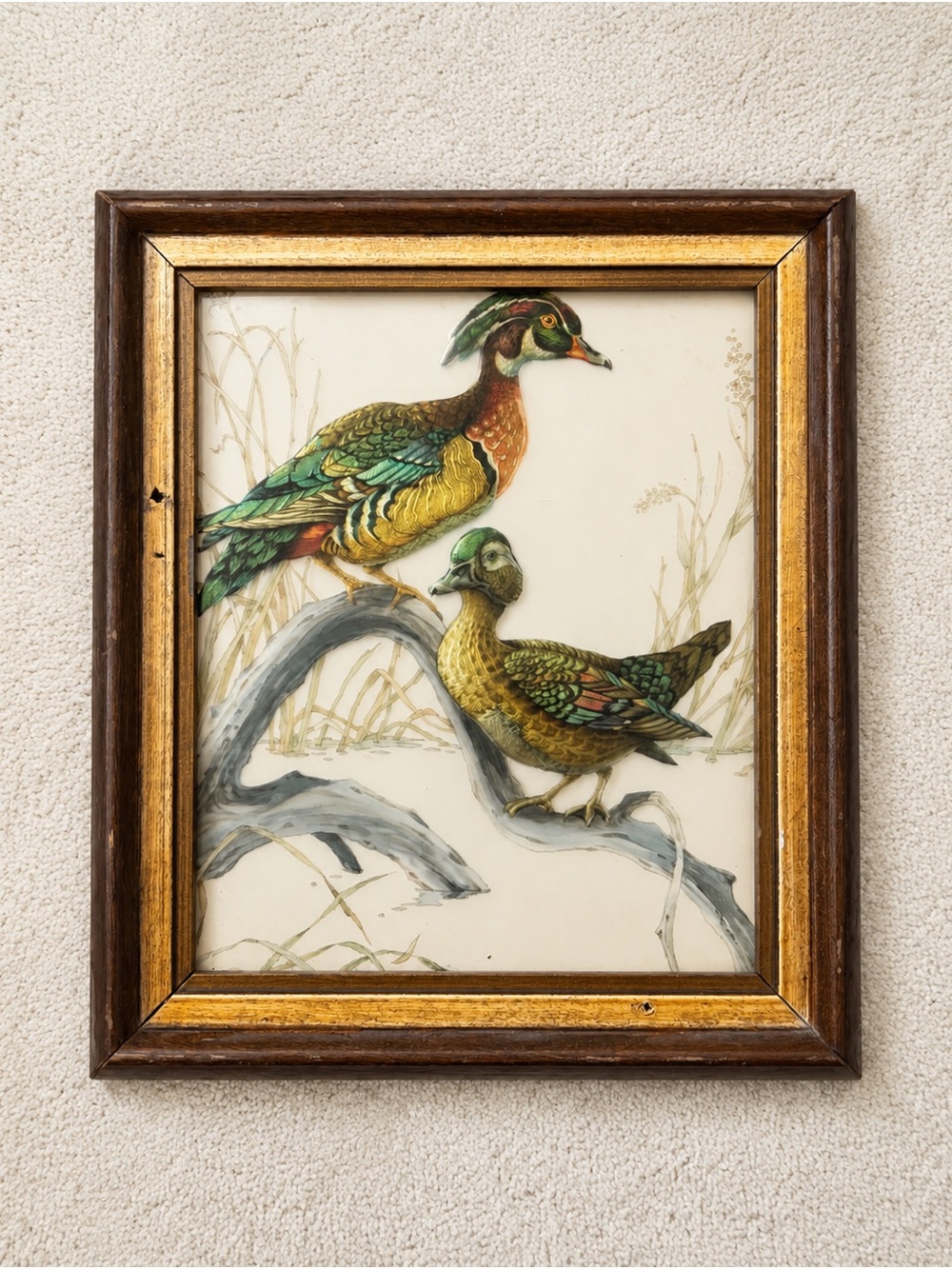 Vintage Framed Wood Duck Pair Art – Glossy Finish – Rustic Wildlife Décor